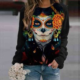 Black Colour Skull Print Pullover Shirt Women Spring Abstract Full Sleeve Loose Thin Sweatshirts Casual Round Neck Tops 210805