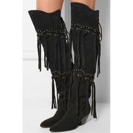 black suede booties with fringe