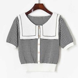Preppy Style Hit Color Sailor Collar Thin Pullovers Women Elegant Sweet Button Plaid Blouses Fashion Women Crop Tops 210525