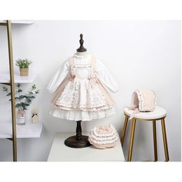 Baby Girl Autumn Spring Summer White Beige Vintage Spanish Lolita Ball Gown Princess Suspender Dress with Shirt for Birthyday 210303