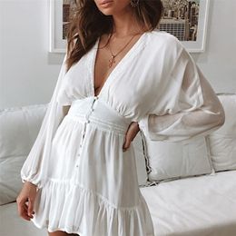 Sexy V Neck Women's Spring Summer Dress White Lace Long Sleeve Party Dress 210309