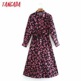 Tangada Fashion Women Leopard Print Shirt Dress with Slash Vintage Long Sleeve Office Ladies Midi Dress XN149 210609