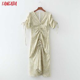 Tangada Fashion Women Yellow Flowers Print Pleated Pencil Dress Vintage Short Sleeve Ladies Mini Dress 1D281 210609