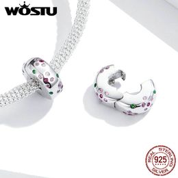 Charms Stopper WOSTU New Arrival 925 Sterling Silver Simple Blooming Flower Charms Beads Pink Colour for Bracelet Jewellery FNC245 Q0531