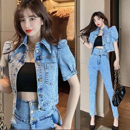 2021 spring 2 Two Piece Set Women Jeans Pants Sets Tops+High Waist Skinny Pant Suit Pencil Jeans Outfits