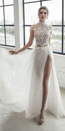 Lace Evening Gowns High Neck Cap Sleeve Slit abiti Long Prom Dresses vestidos A Line Princess Country Dress Plus Size