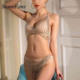 Stonefans Luxury Bikini Rhinestone Body Harness Lingerie Chain Crystal Top Bra and Thong Charm Bodysuit Party Rave Jewelry