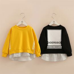 Spring Autumn 3-11 12 Years Teenage Child Loose Letter Cotton Tops Kids Baby Fake 2 Pcs Patchwork Sweatshirts For Girls 211029