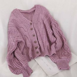 Autumn Winter Women's Cardigan Korean Style The Solid Color V-neck Knitted Loose Short Twist Sweater Coats