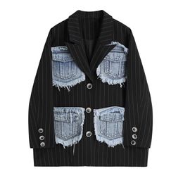 Getspring Women Blazer Denim Patchwork Striped Vintage Blazers And Jackets Color Matching Casual Loose Suit Coat 210601