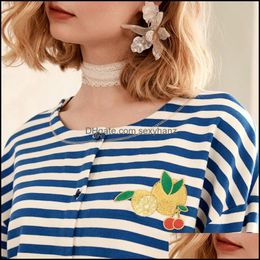 Womens T-Shirt Tops & Tees Clothing Apparel Knitted Tal Stripes Cardigans Embroidered With Lemon Blue Top Drop Delivery 2021 0Nx4E