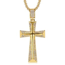 Stainless Steel Hip Hop Gold Plated Crystal Cross Pendant Necklaces For Women Men Fashion Jewelry Party Club Decor