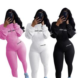 Autumn Knitted Lucky Label Embroidery Long Sleeve Jumpsuit Women Active Ribbed Slash Neck Romper One Piece Overall 210317