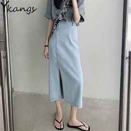 Vintage Simple Side Slit Denim Long Skirt Female High Waist Solid High Waist Jean Skirts Korean Style Women Streetwear Clothing 210619