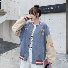 Japanese Sweet Harajuku Loose Women Baseball Uniform Jacket Autumn Winter Corduroy Fashion Splicing Long Sleeve Epaulettes Tops 210914