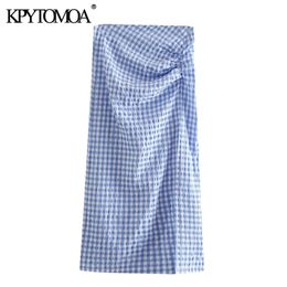 KPYTOMOA Women Chic Fashion Pleated Check Midi Skirt Vintage High Waist Back Zipper Vents Hem Female Skirts Mujer 210629