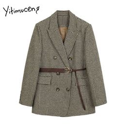 Yitimuceng Womens Blazer with Belt Houndstooth Office Lady Jacket Fall Winter Retro Double Breasted Spring Sashes Fashion 210601