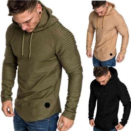 Trendy Mens Hoodies Solid Color Hooded Slim Sweatshirt Striped pleated raglan sleeves Male Streetwear Casual sweatshirt Coat 210720