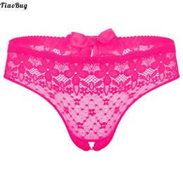 Underpants TiaoBug Men Sissy Gay Lace Crotchless Briefs Bowknot Low Rise Lingerie Undershorts Underwear See-Through