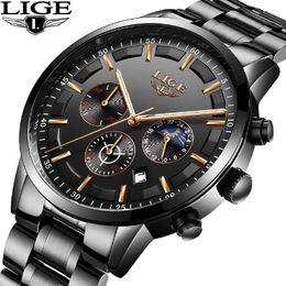 LIGE Watch Mens Sports Waterproof Top Luxury Brand Quartz Clock Business Fashion Full Steel Mens Watches Relogio Masculino+Box 210527