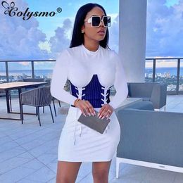 Colysmo Tshirt Dress Women Patchwork Lace up Stripe Long Sleeve Slim Fit Mini Bodycon Dresses Fall Lady Fashion White Vestidos 210527