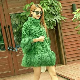 Genuine real natural rabbit fur coat women's fashion fur jacket with lamb fur sleeve and hem ladies stand Collar loose style 211018