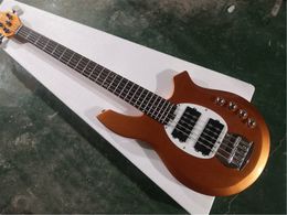 Custom Musbongo 5 cuerdas Guitarra de bajo, naranja metálica, 24 trastes, innámica de la perla de la luna, pastillas de HH, botón de cromo, batería activa