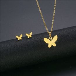 Women's Butterfly Necklace Earrings Set Dubai Gold Colour Stainless Steel African Indian Wedding Jewellery Sets for Women Girls