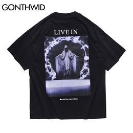 GONTHWID Tshirts Men Hip Hop Streetwear Gothic Punk Rock Saints Print Short Sleeve T-Shirts Casual Harajuku Fashion Tees Tops C0315