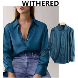 Withered Autumn Blouse Women england style office lady fashion silk shine loose casual Blusas mujer de moda 2020 Shirt Blouse H1230