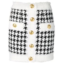 HIGH QUALITY Newest 2021 Fall Winter Baroque Designer Skirt Women's Fringed Lion Buttons Houndstooth Tweed Mini Skirt 210309