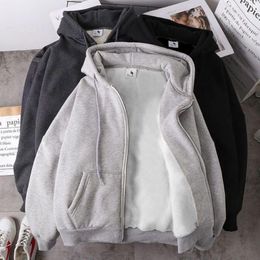 Running Jackets Hooded Jacket Autumn Winter Plus Velvet Thick Zipper Cardigan Sweater Men Women Loose Korean Long-Sleeved Solid Colour Warm T