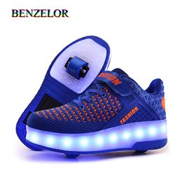 Glowing Illuminated Sneakers With Wheels Wheelys Shoes Roller Led Shoes Kids Girls Children Boys Light Up Luminous 210303