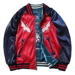 Double-Sided Sukajan Baseball Jacket Men Satin Yokosuka Bomber Jackets Embroidery MA1 Coat Hip Hop Male Streetwear Autumn 211110