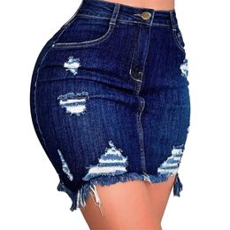 Jeans Skirt For Women Ripped Hole Bodycon Jeans Skirt Ladies Summer Sexy Pocket Mid Waist Skirt Female Streetwaer Skirts D30 210309