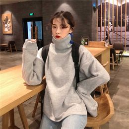 Harajuku vintage chic high collar pullover ins winter plus velvet thick Solid Colour fashion oversize loose female sweatshirt 210608