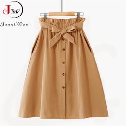 Women Casual Cotton Skirts Spring Summer Korean Style Solid Elegant High Waist Single-Breasted Bow Lace Up A-Line Midi Skir 210708