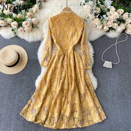 Neploe Stand Collar Long Sleeve Solid Dress Women High Waist Hip Slim Vestidos Lace Hook Flower Spring Robe 2021 New Y0823