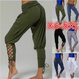 Kuelawear Loose Harem Pants For Womens Long Pure Color High-Waist Trousers Pocket Foot Straps Casual Ladies 210925