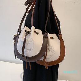 Shoulder Bags Style Drawstring Contrast Soft Leather Retro Bag Female Texture Western Bucket Messenger