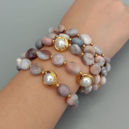 YYGEM 5 Strands Natural Botswana Agate freeform White Cultured Pearl Beaded Bracelet vintage style for women