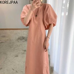 Korejpaa Women Dress Summer Korean Chic Ladies Gentle Temperament Round Neck Loose Casual Long Slit Lantern Sleeve Vestidos 210526