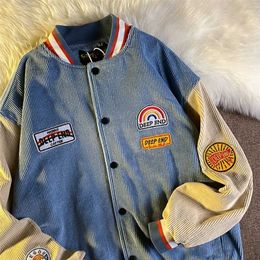 college style corduroy embroidery baseball uniform for men and women couples American retro street trend loose jacket 211014