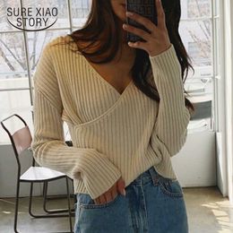 Autumn and Winter Women Sweater Stripe Knitted Sweaters Korean Cross-Shoulder V-neck Thicken Casual Pullover Sweater 10527 210528