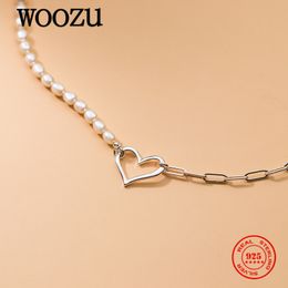 WOOZU Genuine 925 Sterling Silver Sweet Love Heart Baroque Pearl Link Chain Pendant Necklace For Women Wedding Chic Jewellery Gift