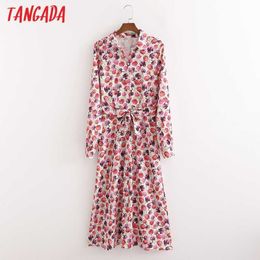 Tangada Spring Fashion Women Rose Print Shirt Dress Long Sleeve Office Ladies Midi Dress With Slash1D80 210609