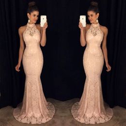 2021 Cheap Full Lace Mermaid Evening Dresses Sexy Backless Halter Sleeveless Long Prom Party Dress Women Special Occasion Gowns
