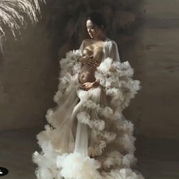 White Illusion Ruffles Women Winter Sexy Baby Shower Kimono Pregnant Party Sleepwear Women Bathrobe Nightgown Robe Shawel