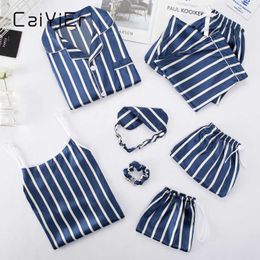 CAIYIER Women Spring Summer Nightwear Silk Satin Pyjamas Set 7 Pcs Sexy Stripe Sleepwear Lingerie Female Flower Robe Loungewear Q0706