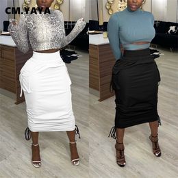 CM.YAYA Women High Waist Pocket Side String Draped Bodycon Midi Skirts for Streetwear Skirt 210309